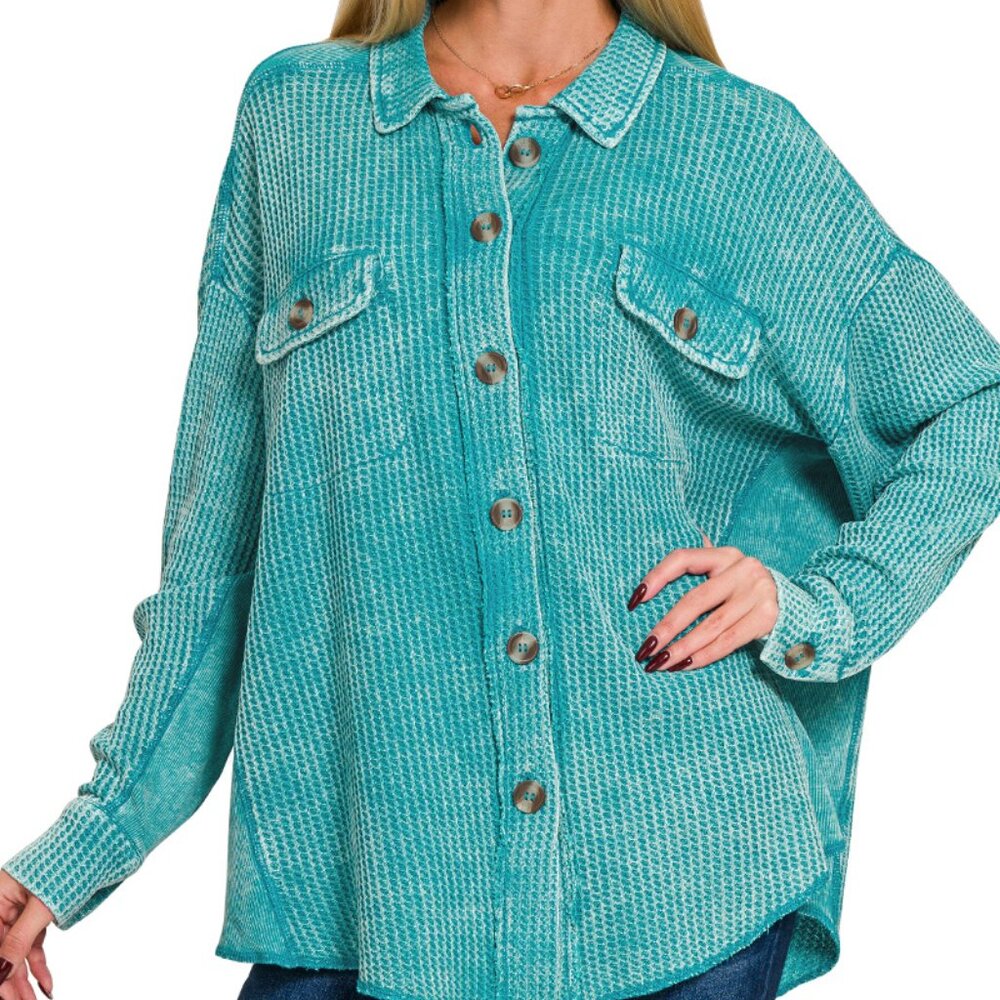 ZENANA LADES ACID WASH OVERSIZED COTTON BUTTON DOWN WAFFLE SHACKET - LIGHT TEAL